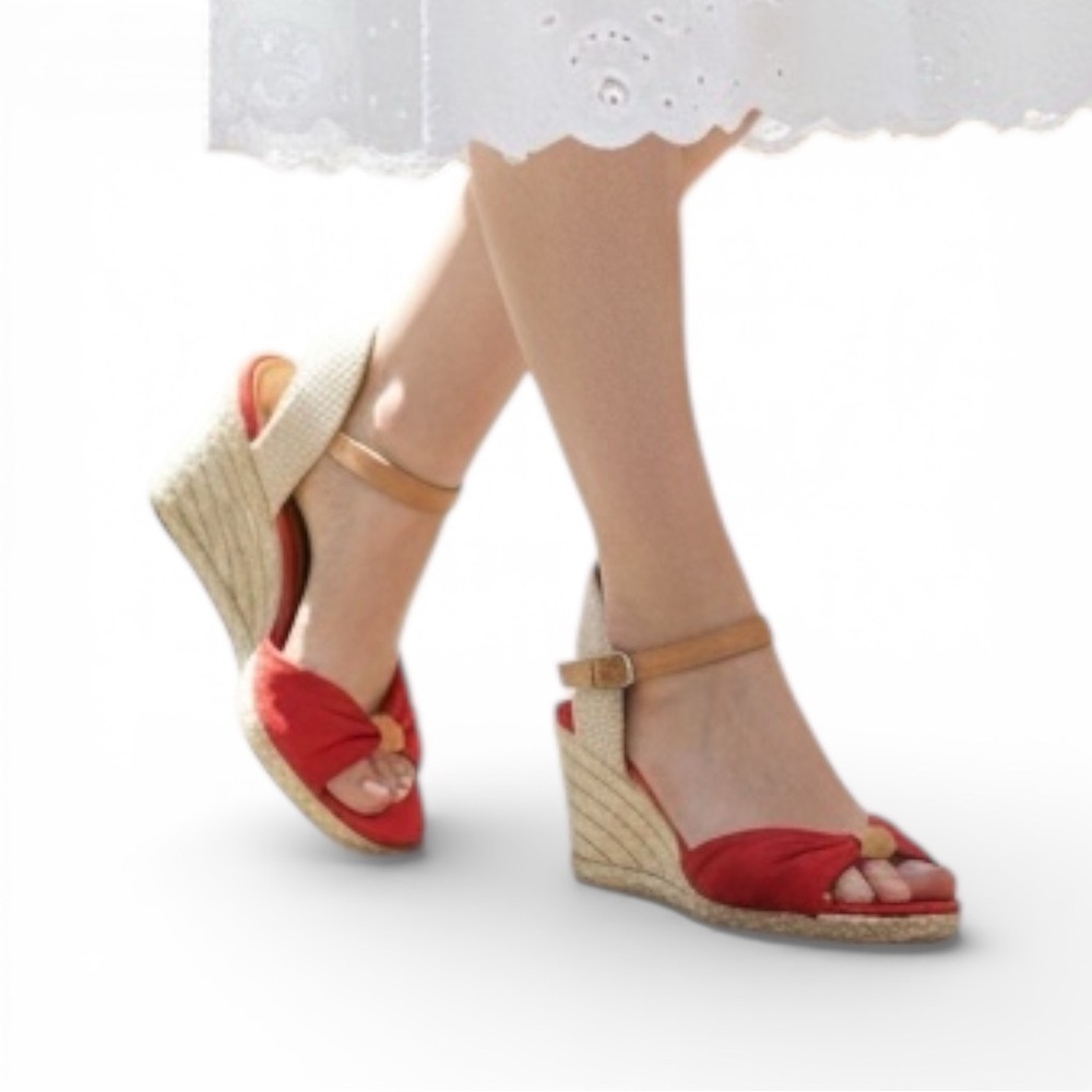 Lucky Brand Red Canvas Espadrille Wedges Ankle Strap Summer Boho Women 6.5